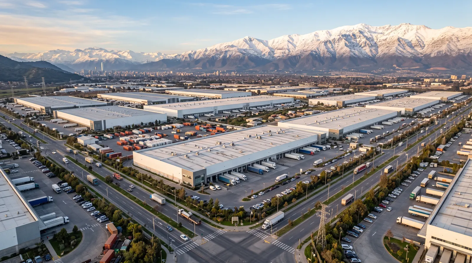 Parque industrial en Santiago con la cordillera de fondo